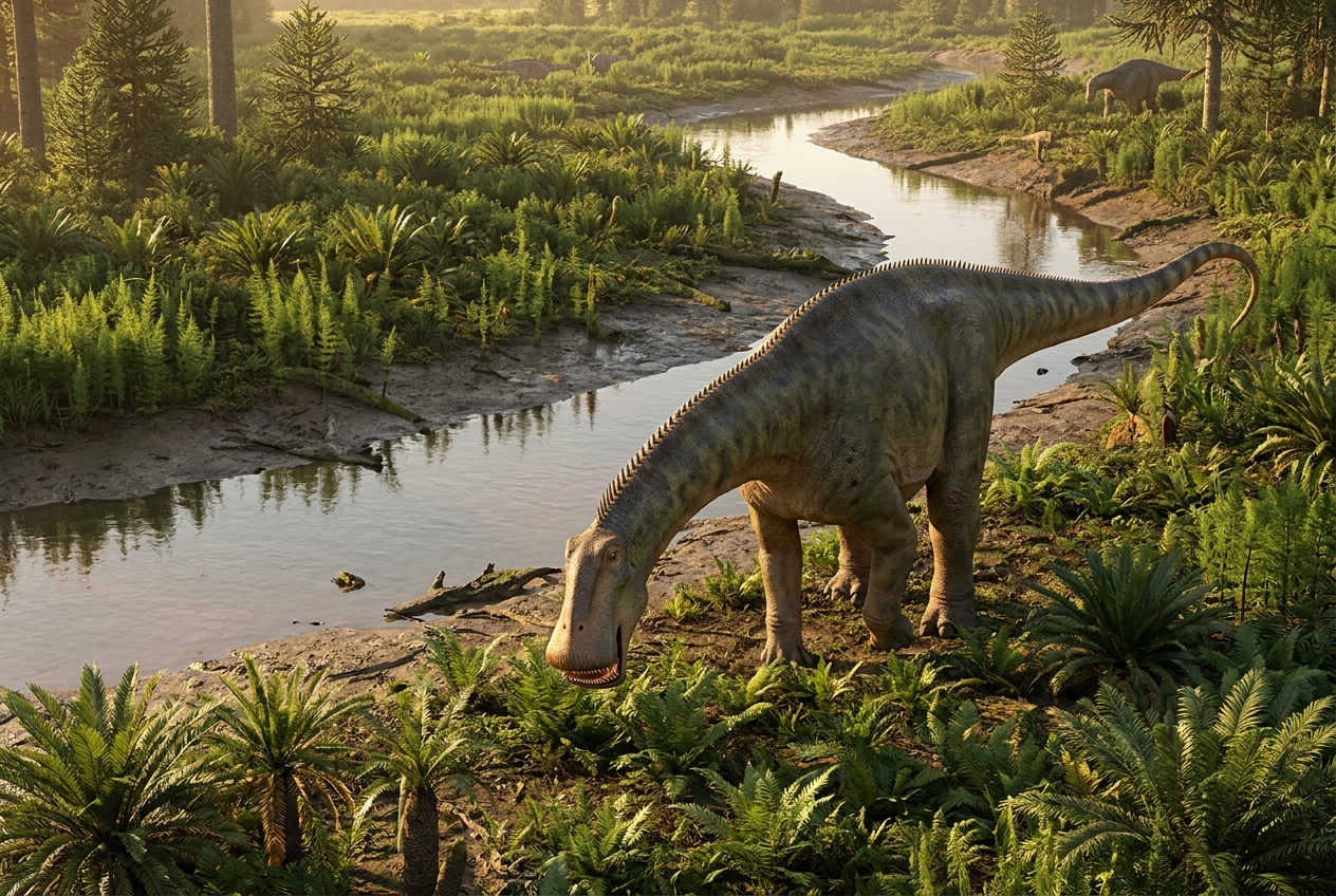 幅広い掃除機のような口で地表の植物を食べる首の長い恐竜ニジェールサウルスの想像図